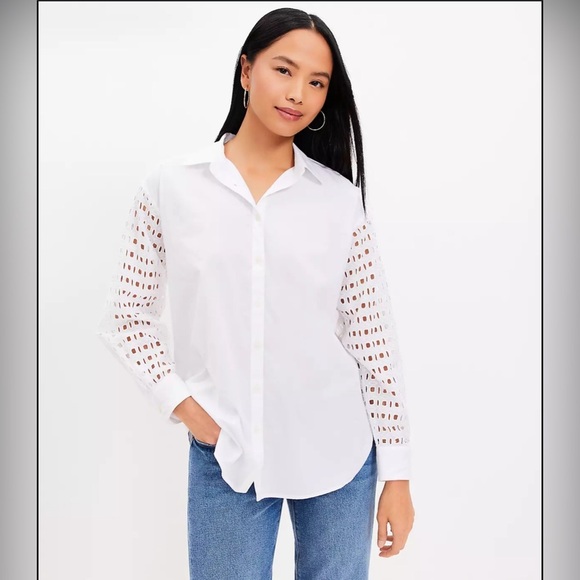 LOFT White Cuffed Sleeve Button Down Shirt - Picture 1 of 5